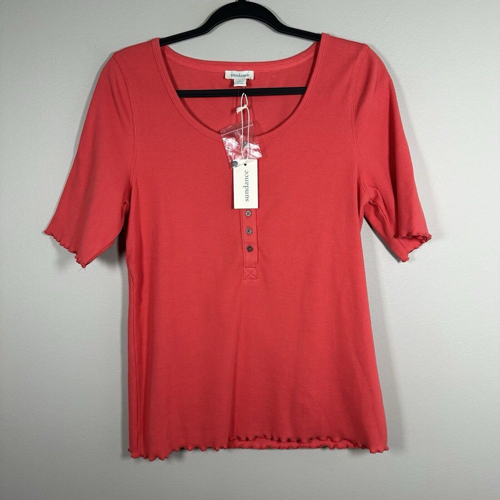 NWT Sundance Large Coral Button Up Ribbed Ruffle Short Sleeve‎ Shirt